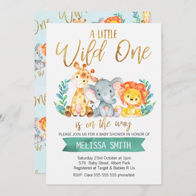 Invitation Baby Shower Aquarelle Safari Bébé Sauva (Devant / Derrière)