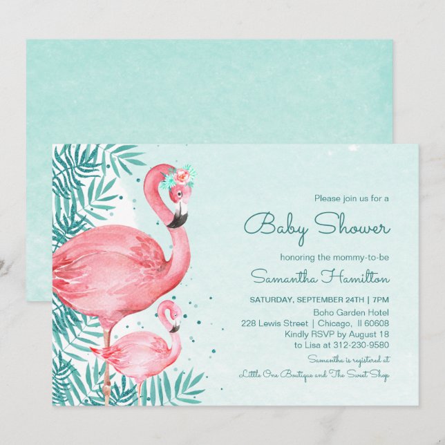 Invitation Baby Shower aquarelle sarcelle flamant rose et feu (Devant / Derrière)