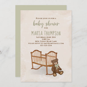 Invitation Baby shower Aquarelle Sexe Neutre Rustique Teddy