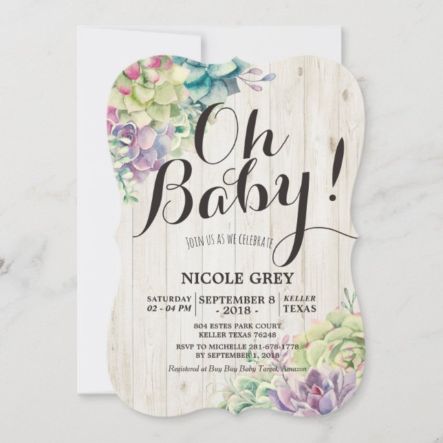 Invitation Baby shower Aquarelle Succulent Plantes Bois blanc (Devant)