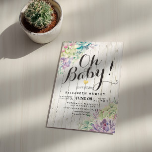 Invitation Baby shower Aquarelle Succulent Plantes Bois blanc