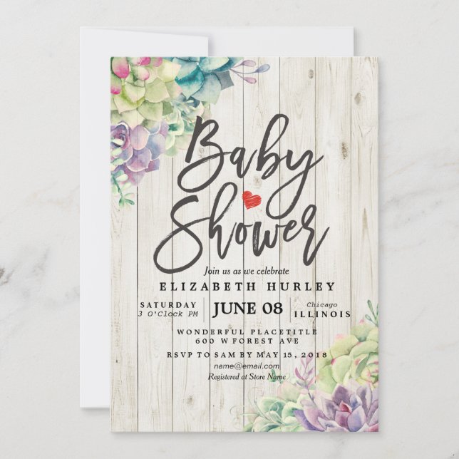Invitation Baby shower Aquarelle Succulent Plantes Bois blanc (Devant)