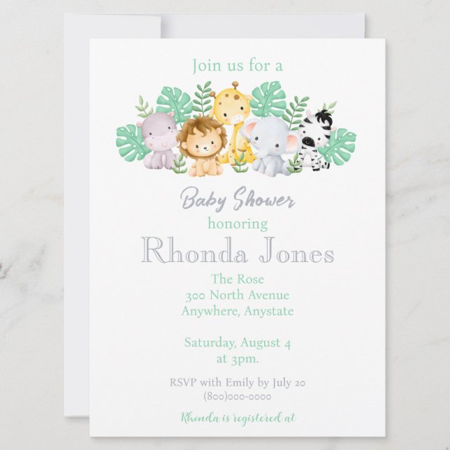 Invitation Baby shower Aquarelle tendance Jungle Animals (Devant)