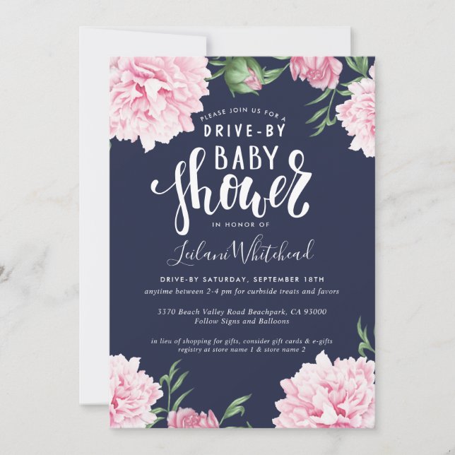 Invitation Baby shower aquatique Drive By Rose Floral Navy (Devant)