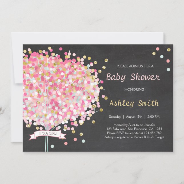 Invitation Baby shower Arbre Confetti Or rose (Devant)