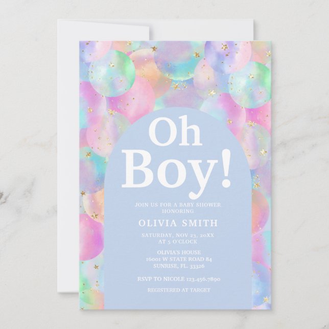 Invitation Baby shower Arc bleu arc-en-ciel (Devant)