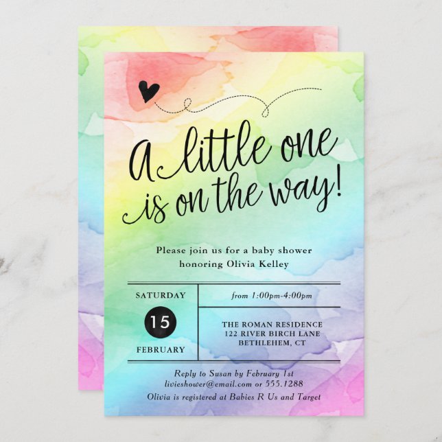 Invitation Baby shower arc-en-ciel, aquarelle neutre pour le  (Devant / Derrière)