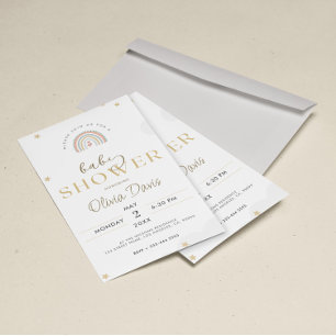 Invitation Baby shower arc-en-ciel blanc Gold Cute