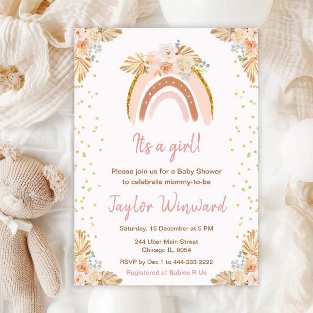 Invitation Baby Shower Arc-en-Ciel Bohème Rose (Créateur téléchargé)