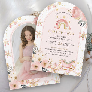 Invitation Baby Shower Arc-en-Ciel Bohème Rose Hiver