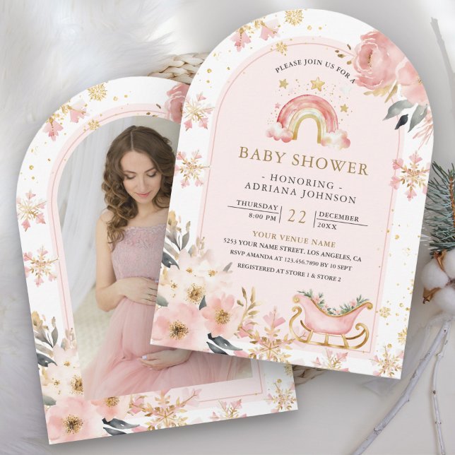 Invitation Baby Shower Arc-en-Ciel Bohème Rose Hiver (Créateur téléchargé)