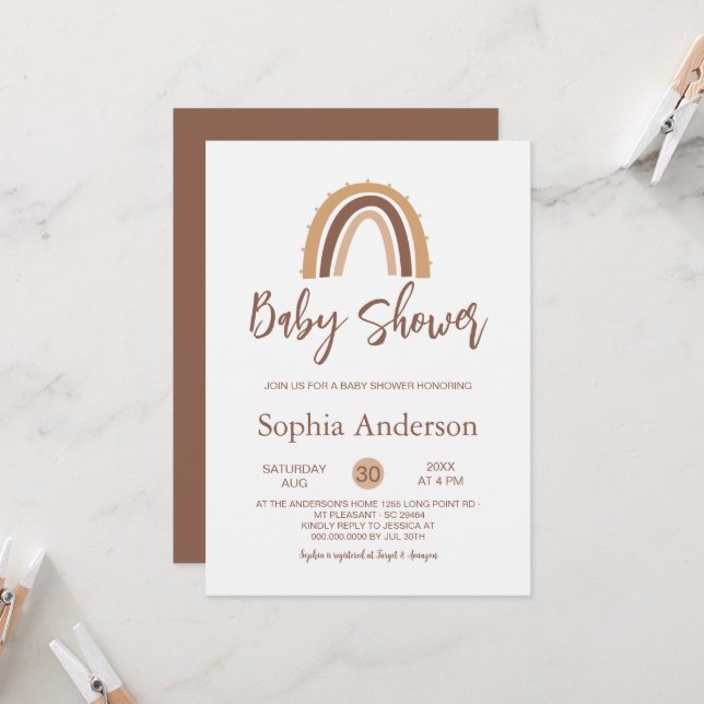 Invitation baby shower arc-en-ciel Boho marron (Devant/Arrière en situation)