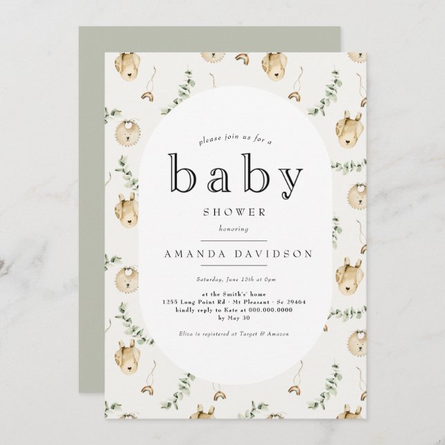 Invitation Baby shower arc-en-ciel Boho Sage Green Eucalyptus (Devant / Derrière)