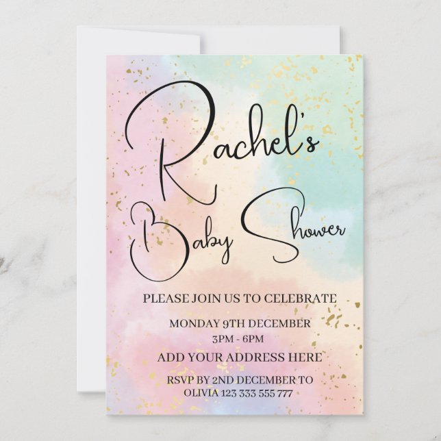 Invitation Baby shower arc-en-ciel couleur aquarelle personna (Devant)
