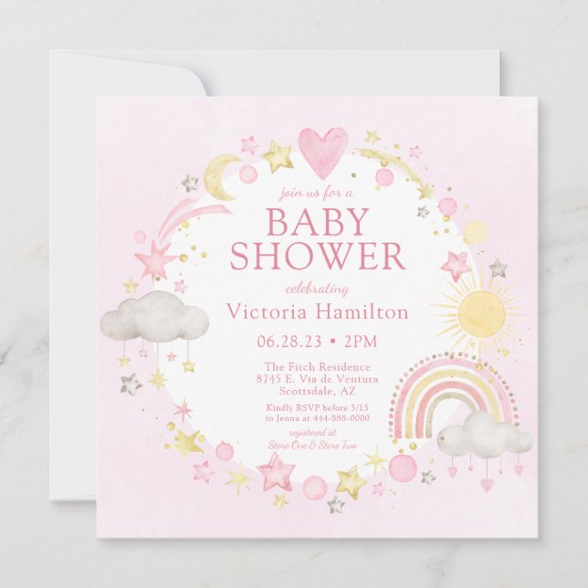 Invitation Baby shower arc-en-ciel de la fille aquarelle (Devant)