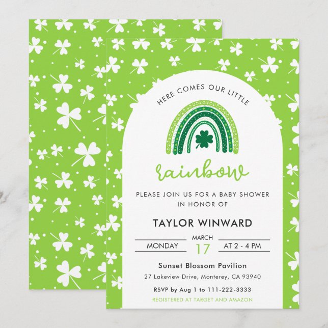 Invitation Baby Shower Arc-en-ciel de la Saint-Patrick (Devant / Derrière)