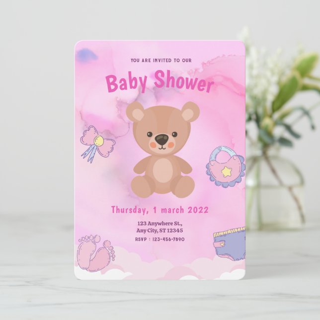 Invitation Baby shower arc-en-ciel de l'ours caricature rose (Debout devant)