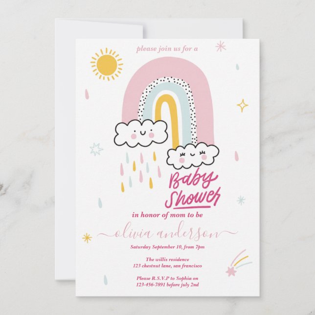 Invitation Baby Shower Arc-en-Ciel Mignon (Devant)