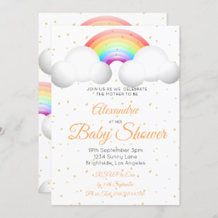 Invitation Baby shower Arc-en-ciel Nuages colorés Gold Spots