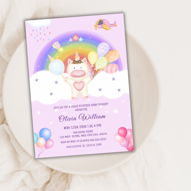Invitation Baby shower arc-en-ciel Pastel Balloon Unicorn (Pastel Balloon Unicorn Rainbow Baby Shower Invitation)