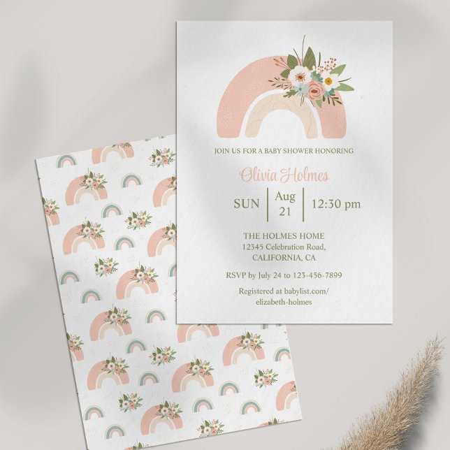 Invitation Baby shower arc-en-ciel rose (Pink Floral Rainbow Baby Shower Invitation on white table next to dry pampas grass.)