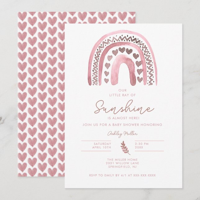 Invitation Baby shower arc-en-ciel rose Boho (Devant / Derrière)
