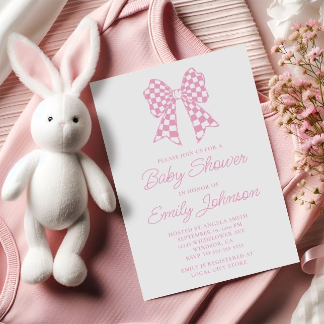 Invitation Baby Shower Arc-en-ciel Rose et Blanc à Damier (Pink and White Checker Bow Baby Shower Invitation)