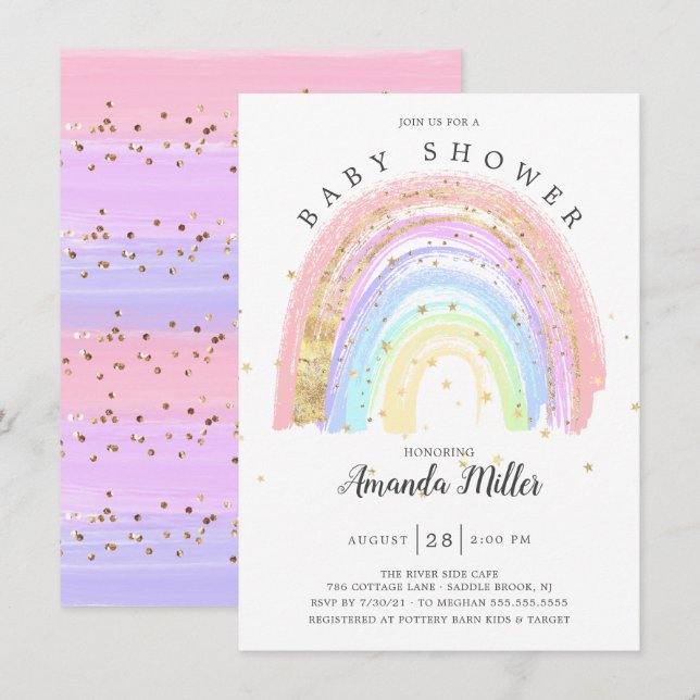 Invitation Baby shower Arc-en-ciel rose or moderne (Devant / Derrière)