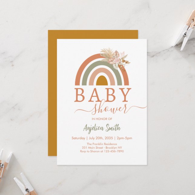 Invitation Baby shower arc-en-ciel rose Pampas Grass Boho (Devant/Arrière en situation)