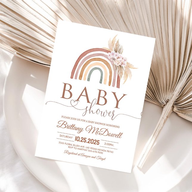 Invitation Baby shower arc-en-ciel rose Pampas Grass Boho (Créateur téléchargé)