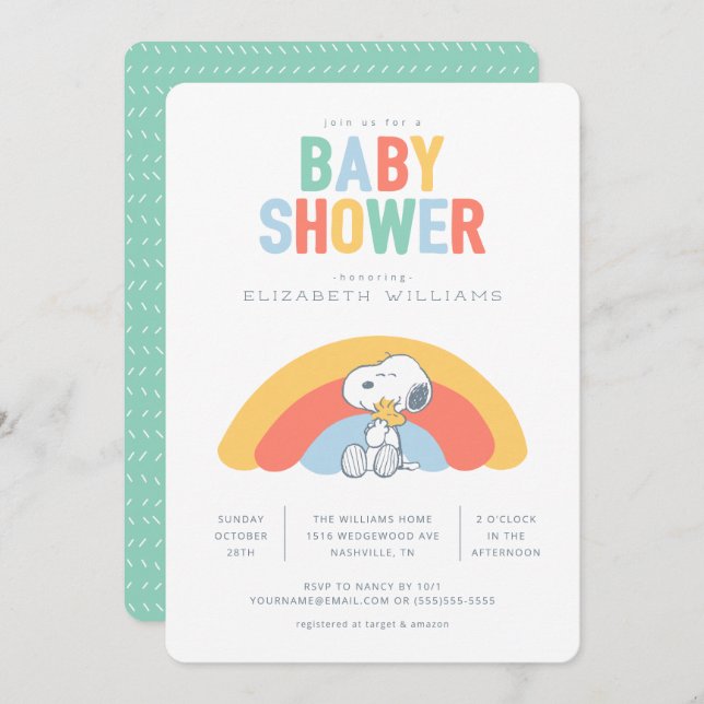 Invitation Baby shower arc-en-ciel Snoopy & Woodstock (Devant / Derrière)