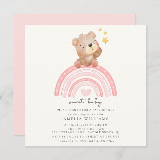 Invitation Baby shower arc-en-ciel Teddy Bear (Devant / Derrière)