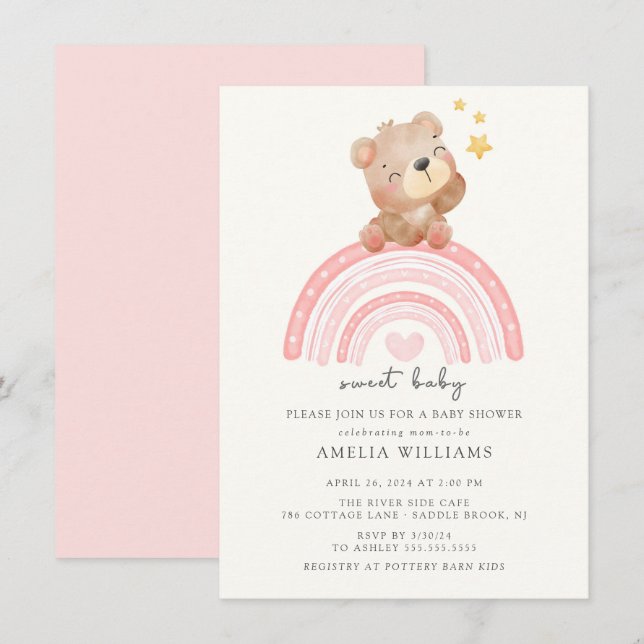 Invitation Baby shower arc-en-ciel Teddy Bear (Devant / Derrière)
