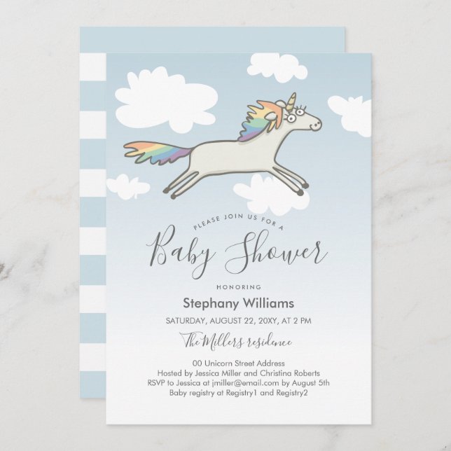 Invitation Baby shower arc-en-ciel Unicorn à main  (Devant / Derrière)