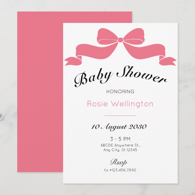 Invitation Baby shower arc-en- rose doux en cravate (Devant / Derrière)