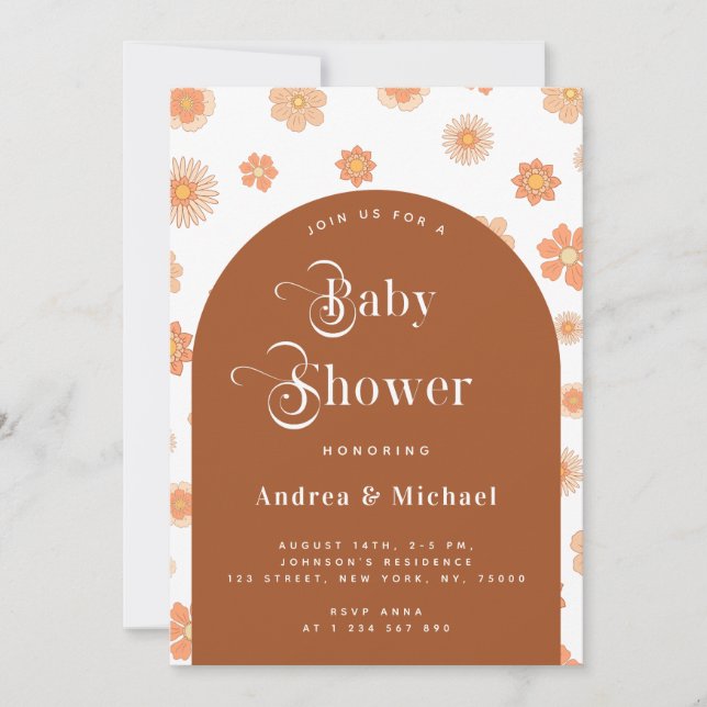 Invitation Baby shower Arc en terre cuite Retro Floral & Boho (Devant)