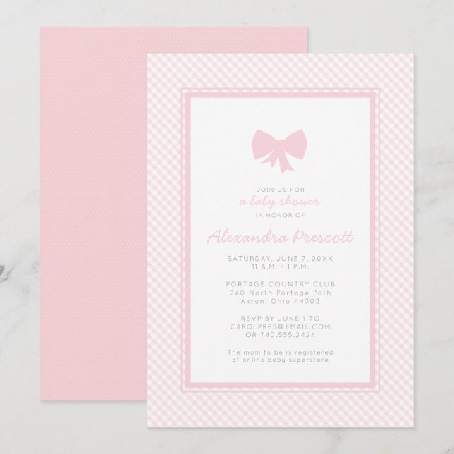 Invitation baby shower arc rose En vichy (Devant / Derrière)