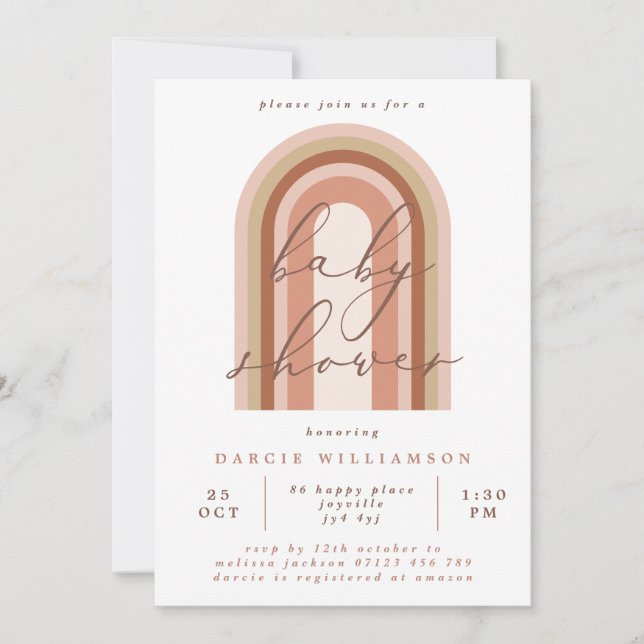 Invitation Baby shower Arche arc-en-ciel rose Boho (Devant)