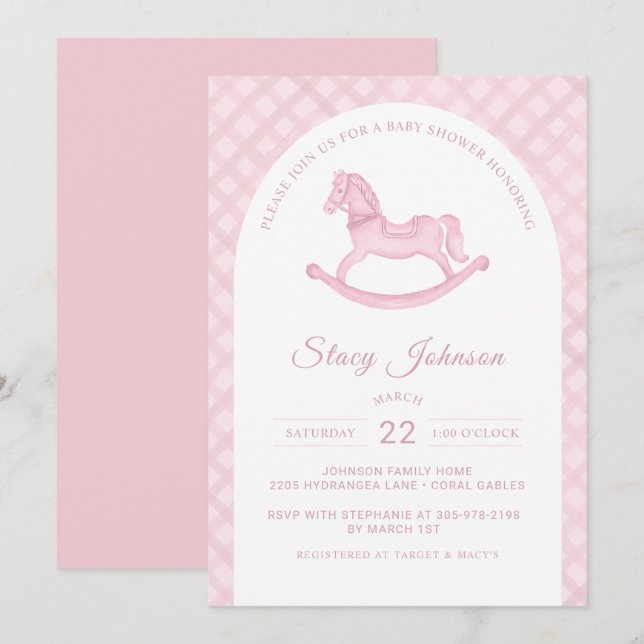 Invitation Baby shower Arché Rose Rocking Horse Girl Invitati (Devant / Derrière)