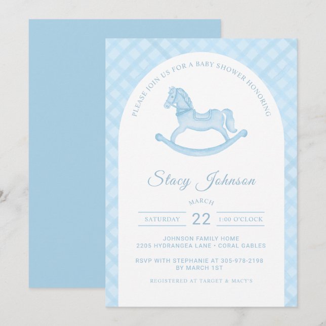Invitation Baby shower Arched Blue Rocking Cheval Boy Invitat (Devant / Derrière)