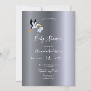 Invitation Baby shower argent cigogne garçon bleu mignon
