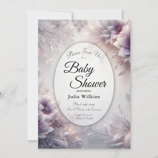 Invitation Baby Shower Argent et Améthyste Douce pour l'Hiver (Devant)