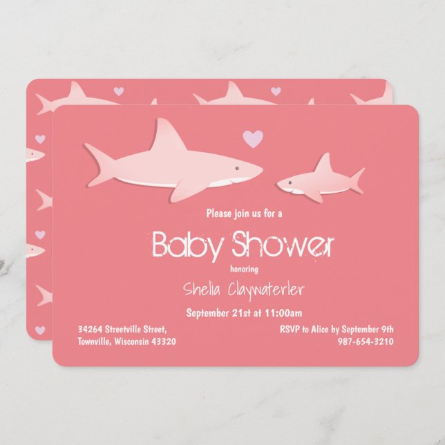 Invitation Baby shower Arrière - plan rose uni aux requins mi (Devant / Derrière)
