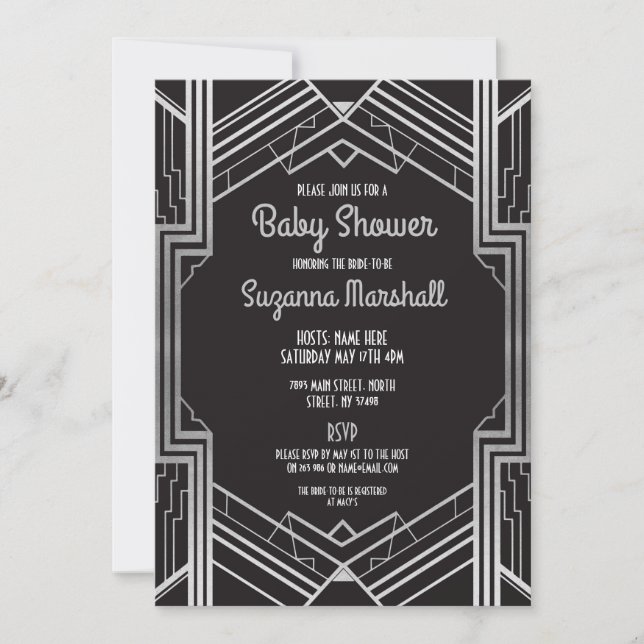 Invitation Baby shower Art déco années 1920 Silver Gatsby Ann (Devant)