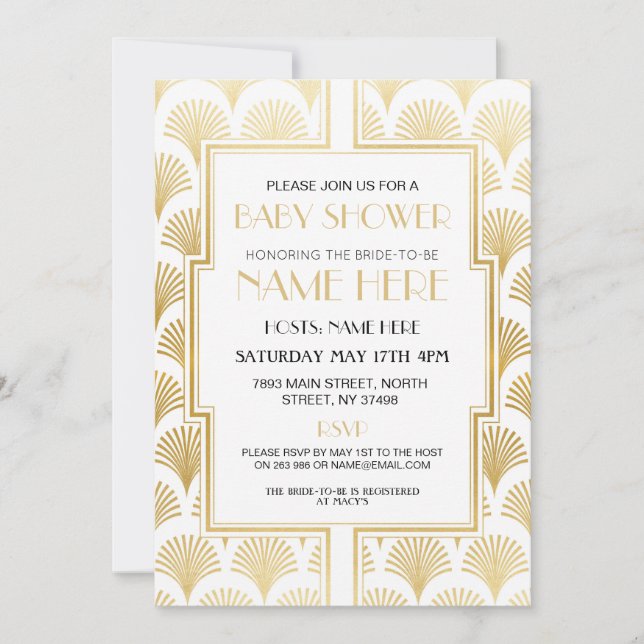 Invitation Baby shower Art déco années 1920 White & Gold Gats (Devant)