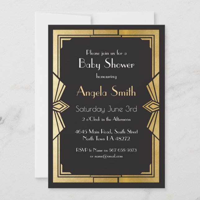 Invitation Baby shower Art déco des années 1920 Gatsby Black  (Devant)