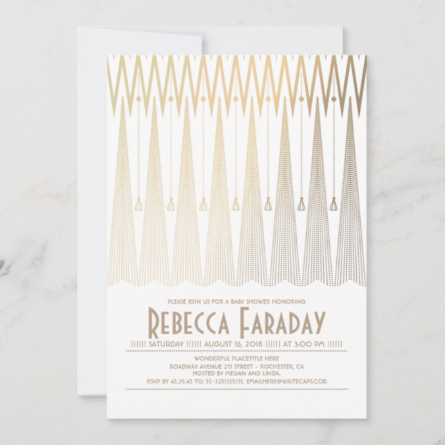 Invitation Baby shower Art déco White and Gold Gatsby (Devant)
