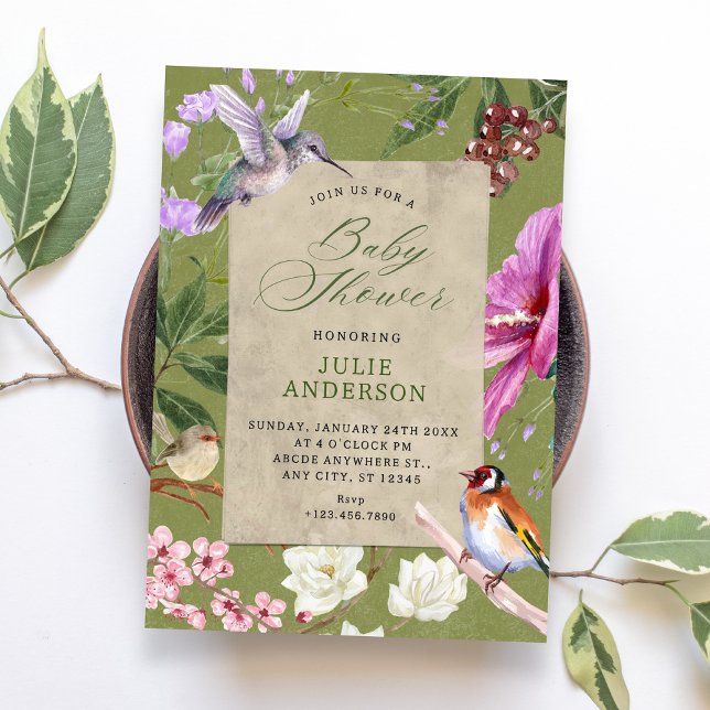 Invitation Baby shower art floral oiseau rustique vert (Créateur téléchargé)