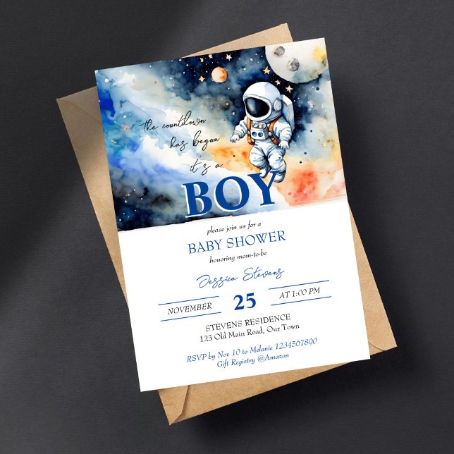 Invitation Baby shower astronaute spatial modèle (Outer space astronaut baby shower editable template digital download watercolor cute baby astronaut)