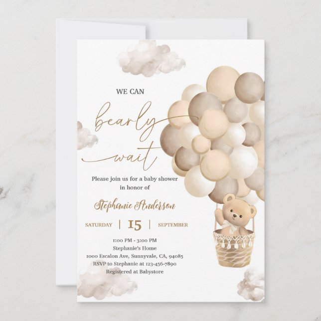 Invitation Baby Shower au Ballon Ours Brun (Devant)
